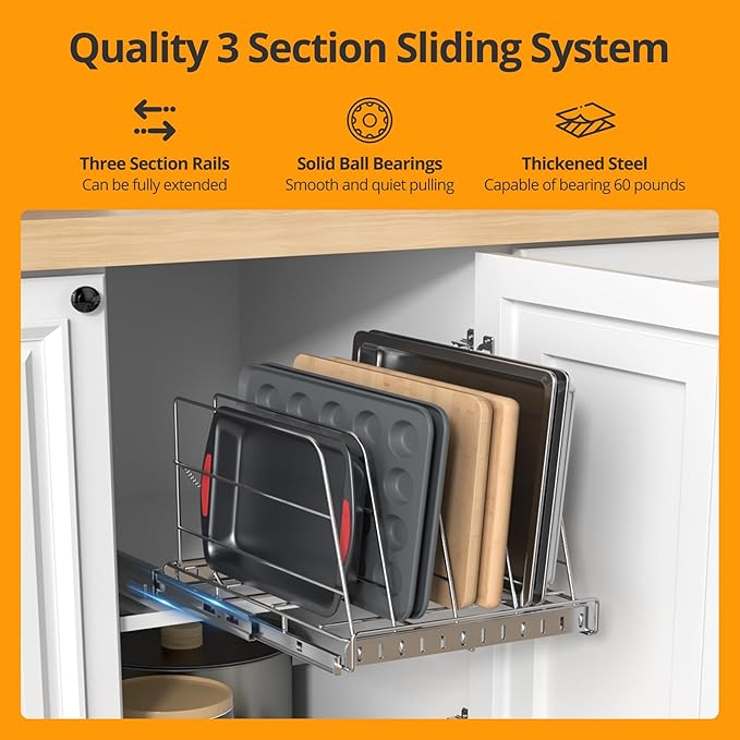 Pull Out Cabinet Organizer for Cutting Board, Cookie Sheet, Baking Sheet, Stainless Steel Sliding Rack for Bakeware & Trays, Heavy-Duty Cutting Board Organizer (12.9” x 16.5” (32.6 x 41.8 cm))