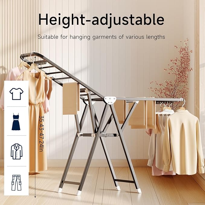 MIKEE Clothes Drying Rack,Foldable Laundry Drying Rack for Indoor & Outdoor Use，with Height-Adjustable Wings，2-Tier Clothes Rack with Windproof Hanging Holes and Wheels，132 lb
