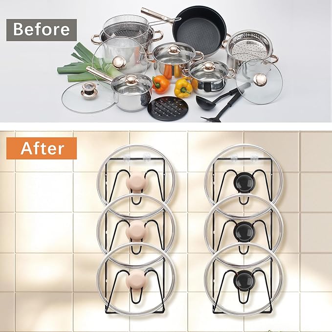 2 Pack Pot Lid Organizer, 6-Tier Pots & Pans Lid Holder Organizer for Cabinet or Wall/Door Kitchen Storage, No-Drill Adhesive Mount, Space-Saving Solution