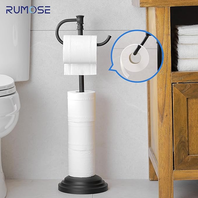 RUMOSE Toilet Paper Holder Stand for Floor,Matte Black Adjustable (12.4" to 22.8") Bathroom Toilet Tissue Holder, Free Standing Toilet Paper Roll Holder with Storage, Stainless Steel
