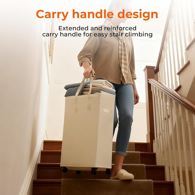 85L Laundry Hamper with Wheels, Lid, Handles & Collapsible, Slim Tall Rolling Laundry Basket for Small Spaces, Foldable Dirty Clothes Organizer for Bedroom, Dorm, Laundry Room, Bathroom,Beige