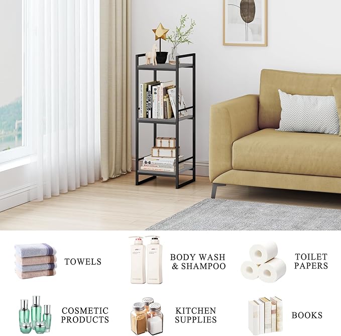BYFU 3 Tier Bathroom Storage Open Shelf, Freestanding Metal Corner Storage Rack Shelving Unit for Bathroom Kitchen Living Room Hallway, Grey