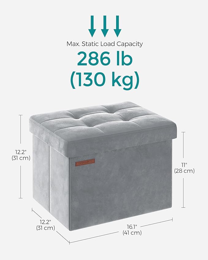 SONGMICS Storage Ottoman, Foldable Small Ottoman Foot Rest, 12.2 x 16.1 Inches Foot Stool, Ottoman with Storage, Load up to 286 lb, for Living Room, Bedroom, Dorm, Dove Gray ULSF200G02