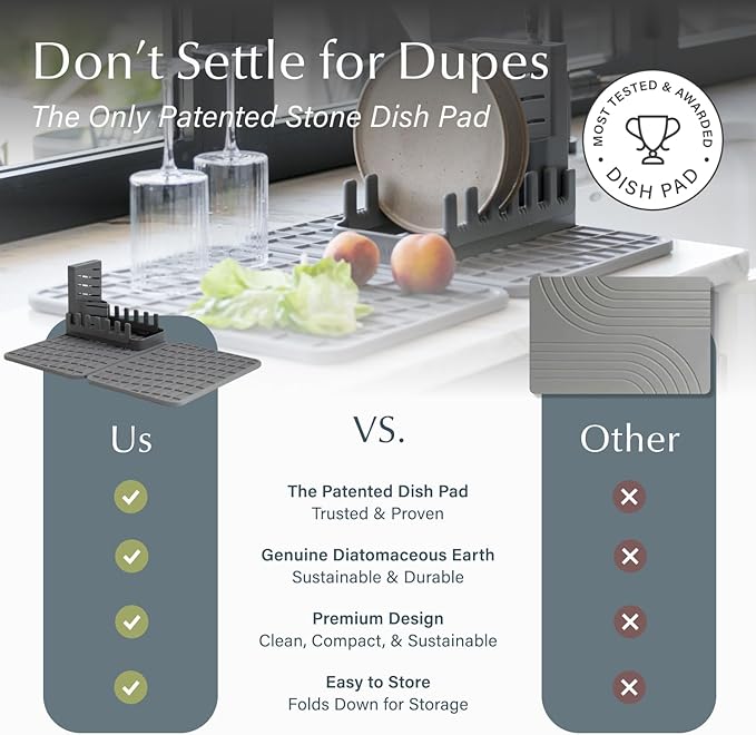 Dorai Home Collapsible Dish Drying Rack and Stone Dish Pad – Large Foldable Drying Rack with Instant - Dry Stone Mat –Space-Saving Drainer Rack for Kitchen Counter - 24.6" x 16.5", Slate