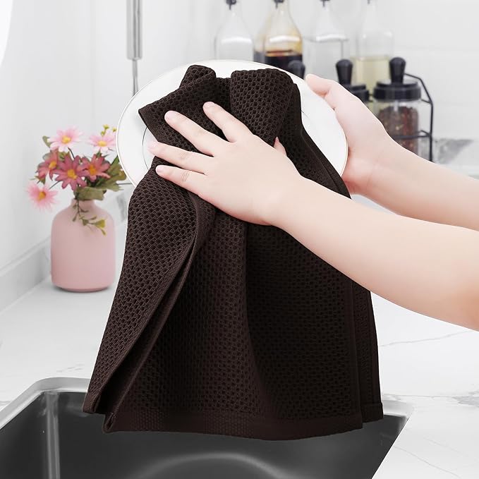 Homaxy 100% Cotton Waffle Weave Kitchen Dish Towels, Ultra Soft Absorbent Quick Drying Cleaning Towel, 13 x 28 Inches, 12-Pack, Dark Brown