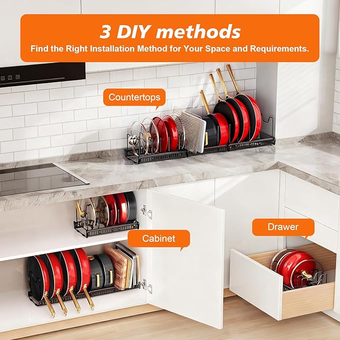 Pot and Pan Organizer Rack for Under-Cabinet Storage - Adjustable Kitchen Cabinet Organizer with 13 Dividers, Expandable Cutting Board Holder & 6 Non-Slip Silicone Pads-Black