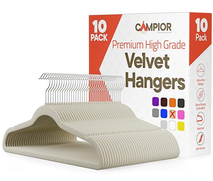 Ivory Velvet Hangers 10 Pack – 360° Swivel Hook, Non-Slip and Space Saving Hangers, Heavy-Duty 11 lbs Weight Capacity - Smooth Velvet Finish for Crease-Free Clothes and Effortless Closet Organization
