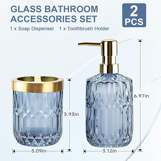 Glass Bathroom Accessories Set, 2PCS Clear Glass Bathroom Accessory, Toothbrush Holder and Soap Dispenser Set for Modern Bathroom Decor(Blue)