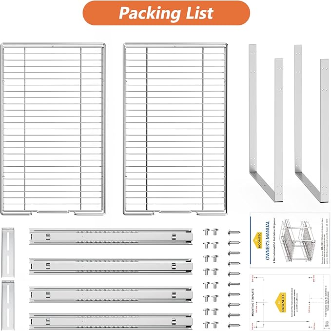 ROOMTEC Individual Pull Out Cabinet Organizer (12½" W x 21½" D), 2 Tier Spice Rack Organizer for Cabinet, Slide Out Drawer Pantry Shelf Organization and Storage for Kitchen Bathroom