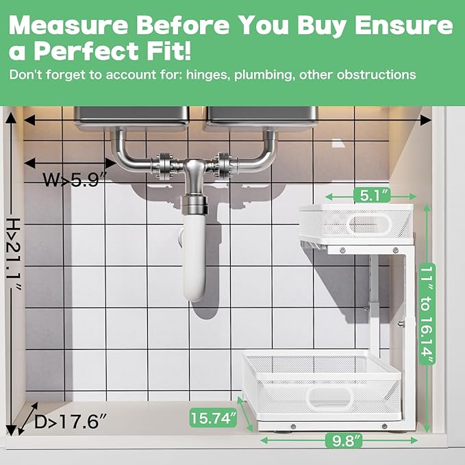 Under Sink Organizer, High Adjustable 2 Tier Under Sink Organizers and Storage, Slide Out Metal Cabinet Organizers, Pull Out Sink Storage Drawer Shelf for Kitchen Bathroom Cabinet, White, 2 Pack
