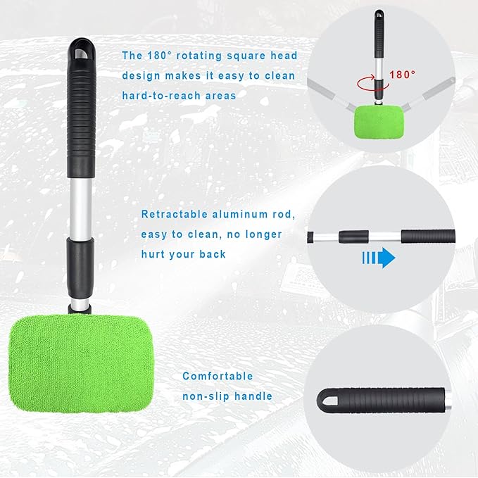 Ziciner Car Windshield Cleaner, Microfiber Auto Cleaning Wiper with Aluminum Extendable Handle and 2 Washable Reusable Cloth Pad Head, Universal Vehicle Interior Exterior Cleaner Kit (Green-Rectangle)