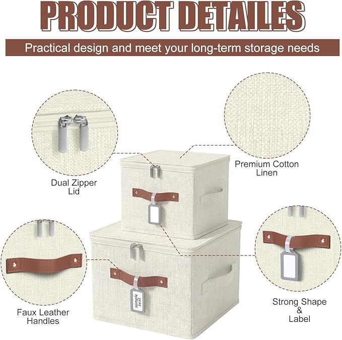 Fiwochic 6 Pack Fabric Storage Bins with Lids, 10×8×7Inch Foldable Cotton Linen Storage Boxes with PU Leather Handles and Label Holders for Closet, Bedroom, Shelf, Nursery, Beige