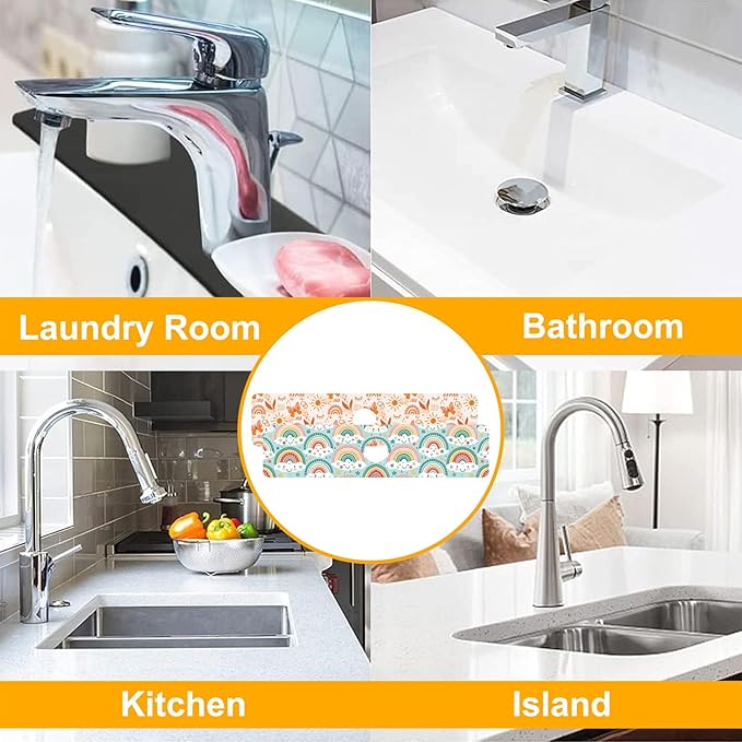 2 Pack Cute Rainbow Sink Splash Guard Faucet Mat Boho Rainbow Butterfly Super Absorbent Fast Drying Mat Sink Gadgets-Splash Guard Behind Faucet Drip Catcher for Kitchen Bathroom, 23.5"x5.5"