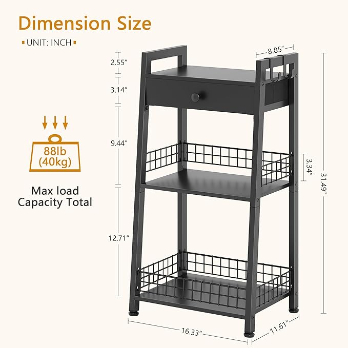 3-Tier Ladder Shelf with Drawer, Bathroom Table Stand for Small Space, Standing Bathroom Shelves with Storage for Living Room Kitchen Bedroom, Organizer Shelf, Black