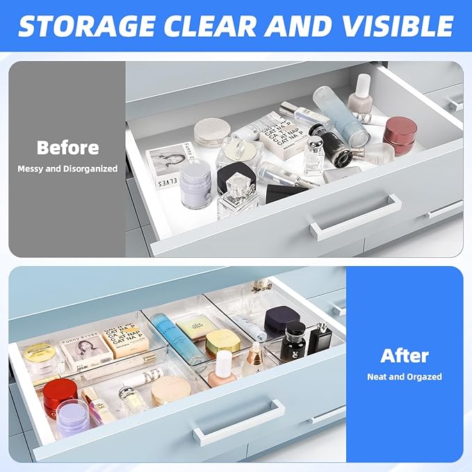 3 PCS Large Drawer Organizer, 3Sizes Plastic Versatile Desk Drawer Organizer Trays with Non-Slip Silicone Pads, Storage Bins for Makeup, Office, Kitchen Gadgets Utensils, Bedroom, Tools, Bathroom