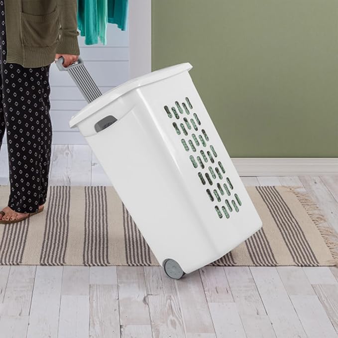 Sterilite 6-Pack Ultra Wheeled Hamper, Laundry Basket w/Flip-Top Lid & Retractable Handle - Plastic Rolling Clothes Storage Cart with Ventilated Holes for Home, Apartment or Dorm