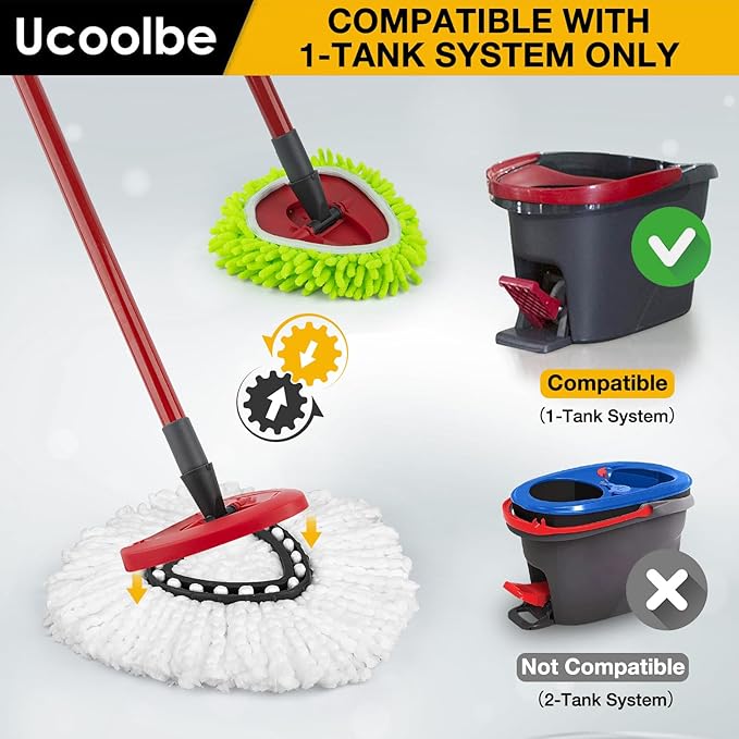 Spin Mop Replacement Heads Compatible with Ocedar EasyWring 1-Tank System, Duster Mop Head for Ocedar, 6 Pack Spin Mop Refills, 2 Pack Chenille Mop Pads, 1 Mop Base for deep Cleaning