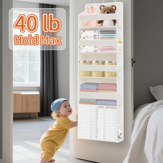 5-Tier Over The Door Organizer with 10 Mesh Pockets | Large Capacity Hanging Closet Storage for Baby Diapers, Toys, Nursery& Newborn Essentials (Beige)