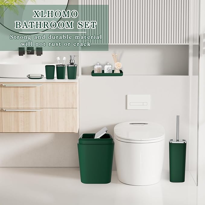 Dark Green Bathroom Accessories Set, Green Bathroom Set with Trash Can, Toothbrush Holder, Toothbrush Cup, Soap Dispenser, Soap Dish, Toilet Brush Holder, 2 Qtip Holder Dispensers and Tray