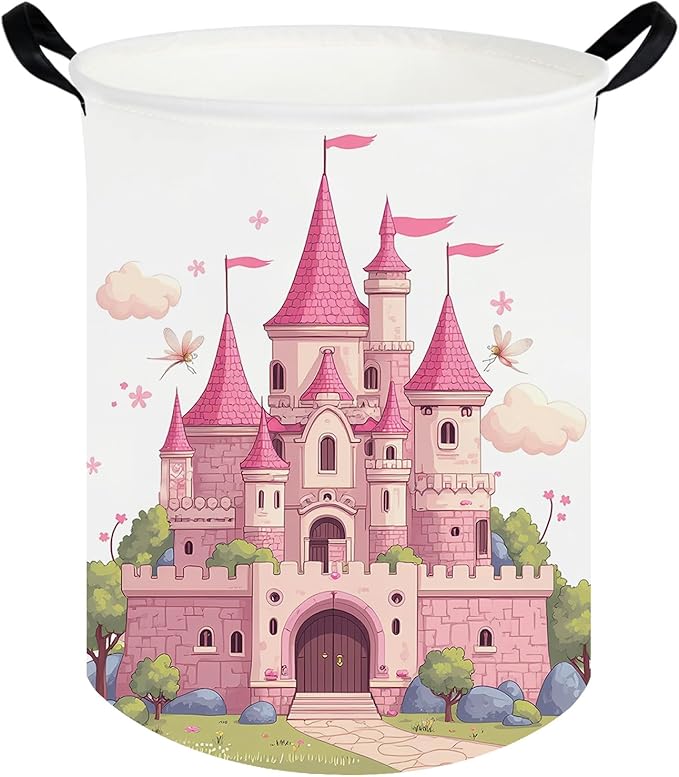 kids basket pink castle,Grils Hamper,Kids Laundry Hamper,Canvas fabric waterproof foldable laundry basket,toy bins,Girls Room decor(Castle)
