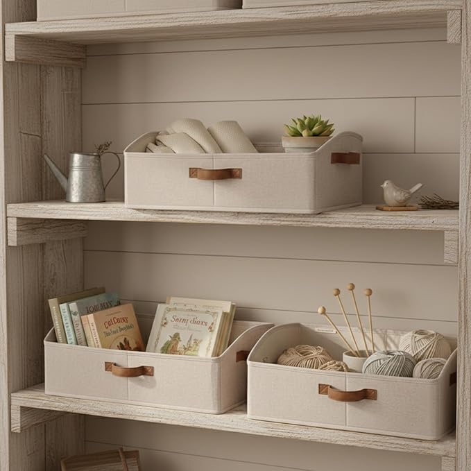 StorageWorks Closet Storage Bins, Trapezoid Organizer Box for Shelves, Fabric Clothes Bin, Foldable Organizing Baskets with Handles, Large, Brown and Beige, 3-Pack