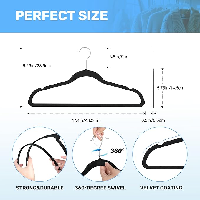 Simple Deluxe 70 Pack Velvet Hangers, Non-Slip Felt Hangers with Shoulder Notches, Space Saving Heavy Duty Clothes Hangers for Coat, Pants, Suit, Sweater, Black