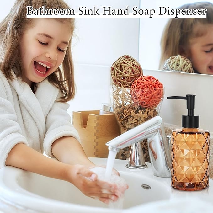 Brown Glass Soap Dispenser, 11 Oz/330ml Liquid Hand Soap Dispenser Set for Kitchen Sink and Bathroom, Dish Lotion Dispenser Set, Diamond Lotion Bottles with Black Pump&Funnel
