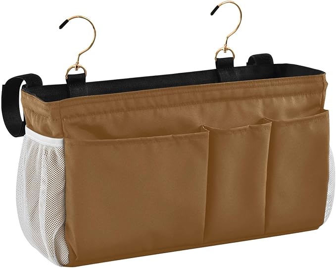KOPIRIT Brown Bedside Caddy Storage Bag Bedside Organizer for Bunk Bed Headboards College Organizer Caddy Hanging Shelf 6 Pockets with Hooks for Drinks Magazine Phone Holder