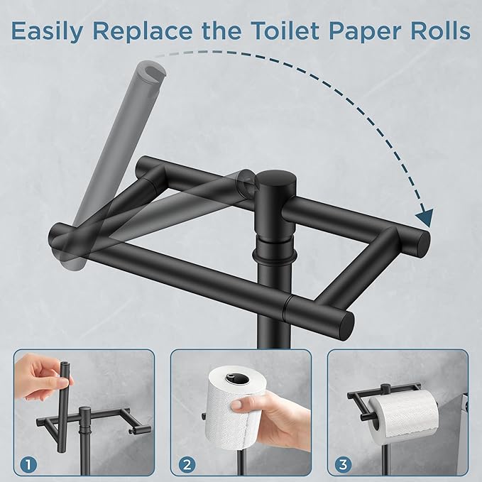 Toilet Paper Holder Stand Adjustable, Freestanding Tissue Roll Holder for Bathroom, Pivoting Design, Durable SUS 304 Stainless Steel and Weighted Base Toilet Paper Stand, Storage, Matte Black