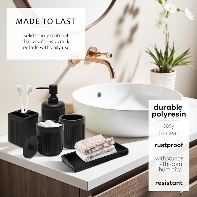 Matte Black Bathroom Sets with Shower Curtain and Rugs, 8-Piece Resin Bathroom Accessories Sets Complete, Soap Dispenser, Toothbrush Holder, Tumbler, Tray & Apothecary Jars Bathroom Essentials