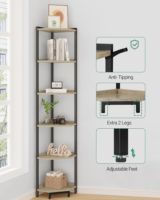 Corner Shelf Stand, Corner Bookshelf, Storage Standing Shelf Unit with Metal Frame, Plant Stand, Bookcase for Living Room, Home Office, Bedroom, 6-Tier Greige CS06005B