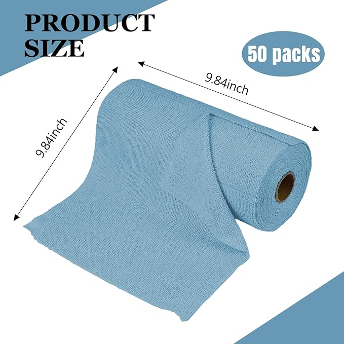wuyaoyao 50PCS Microfiber Cleaning Cloth Roll, 10"×10" Tear Away Microfiber Towels, Reusable Washable Cloth Paper Towels, Multi-Purpose Cleaning Rags for Car Home Kitchen Garage Shop (Blue)