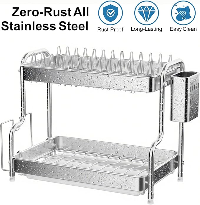GSlife Dish Drying Rack for Kitchen Counter - Stainless Steel 2 Tier Dish Drainer with Drain Board, Stainless Steel Utensil Holder, Cutting Board Holder, 21" L x 10.8" W x 13.8" H, Silver
