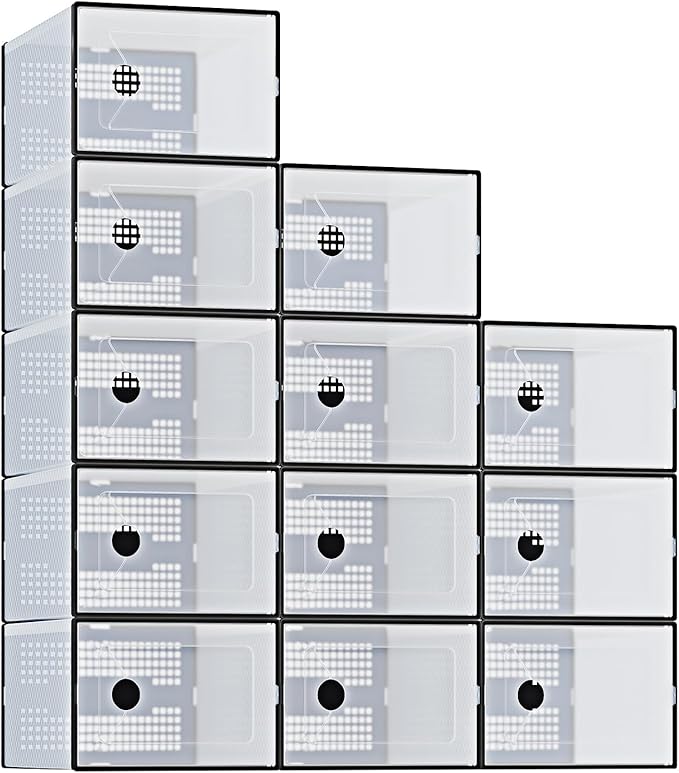 DUMOS Clear Shoe Storage Boxes, 12-Pack Plastic Stackable Shoe Containers with Lids, Display Sneaker Case Organizer for Closet, Under Bed, Entryway,Black (Fit Size 11)
