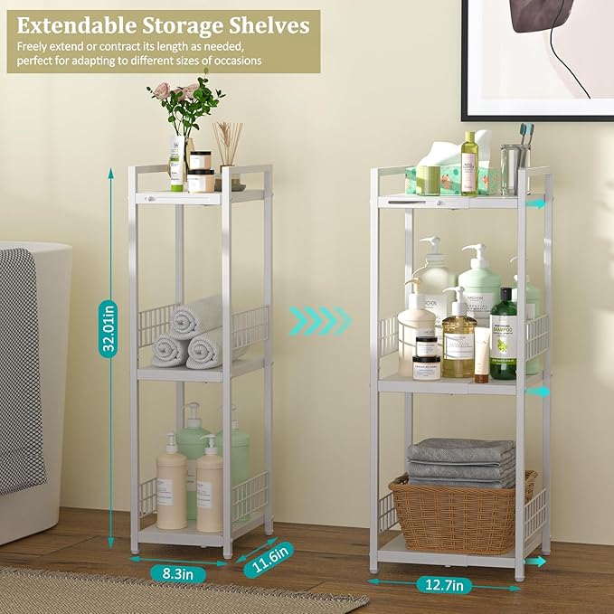 Expandable Slim Storage Shelf, 3 Tier Metal Shelving Unit for Bathroom Storage Organizer, Free-Standing Narrow Shelf, Open Floor Shelves for Small Spaces,Laundry,Bathroom,Kitchen, White