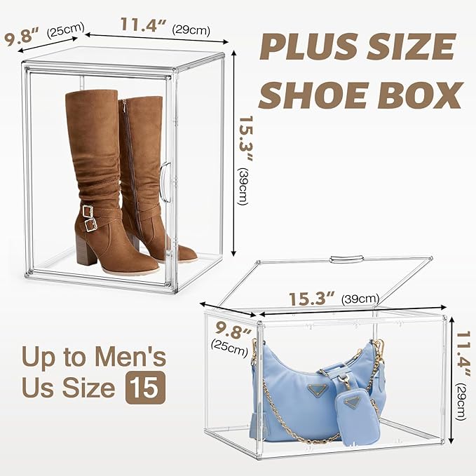 XX-Large Tall Boot Storage Organizer 11.4'' x 9.8'' x 15.3 '' Clear Acrylic Handbag Display Case Plastic Purse Display Organizer for Closet Storage Box for Shoes,Backpack,Collectibles,1 Pack