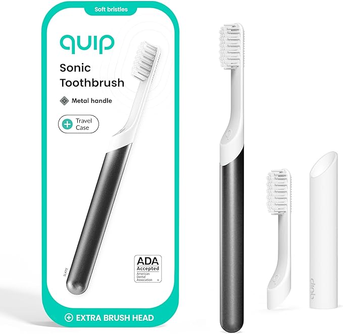 Quip Metal Sonic Electric Toothbrush for Adults - Time Travel & Soft Bristles with Travel Case & Replacement Brush Head - 3 Month Battery Life - Slate