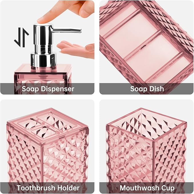 Bathroom Accessory Set, Grid Pattern 4 Pcs Plastic Bathroom Set Include Soap Dispenser, Soap Dish, Toothbrush Holder, Mousewash Cup, Modern Bahtroom Décor Set(Pink)