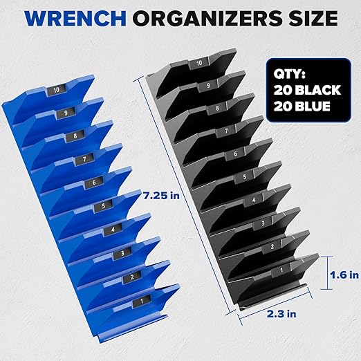 40PCS Modular Wrench Organizer - Wrench Tool Organizers for Tool Drawer Storage, Wrench Storage Set with Metric & SAE Label, Wrenches Rack Tool Gift for Professional Mechanics Men, Black & Blue