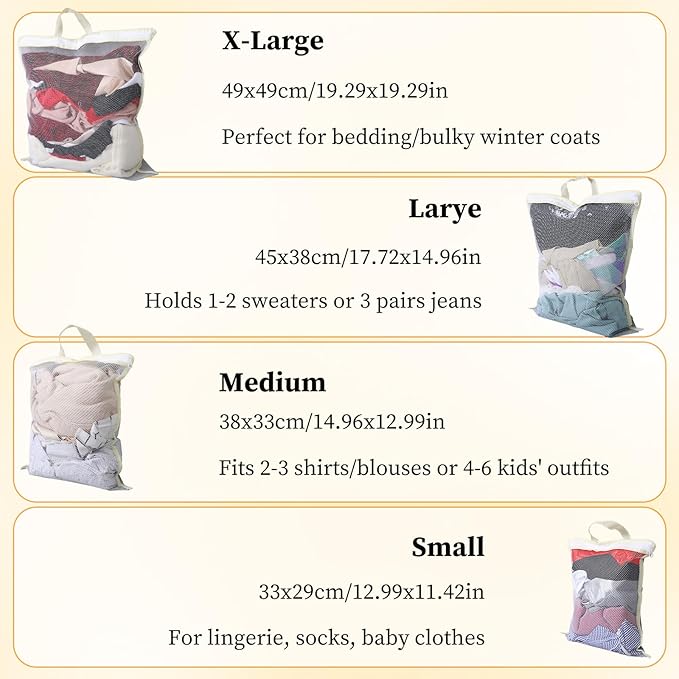 4PCS Mesh Laundry Bags for Washing Machine Hanging Laundry Hamper Delicates Laundry Bag with Handles (S/M/L/XL) Zipper Opening Wash Bag for Coat Sweater Lingerie Sock Sheet
