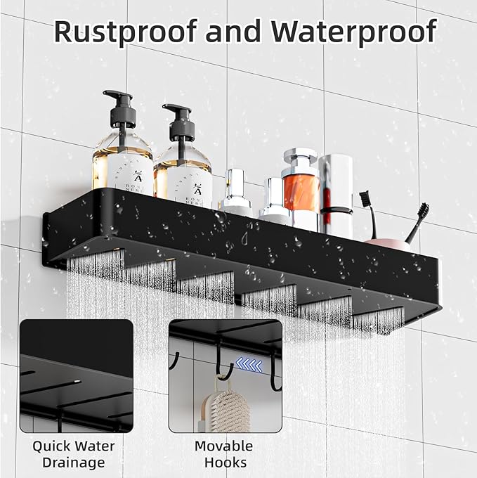Adhesive Shower Caddy,Rustproof Shower Shelve with Large Capacity,Quick-Dry Metal Bathroom Shelves with 5 Hooks, 2 Pack Drill-Free Durable Shower Organizers and Storage, Black