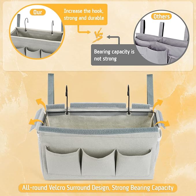 Lilithye Bedside Caddy Organizer with Fixed Straps & Water Bottle Holder for Home, College Dorm, Bunk Bed, Hospital & Crib Bed Rails (2 pcs, Grey)