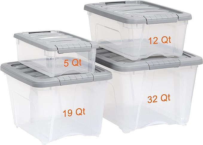 Amazon Basics Plastic Storage Containers with Secure Latching Lids, Stackable Organization Bins for Organizing, Clear/Grey, 5 Quart, Set of 10