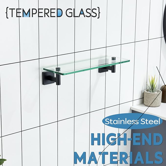KOKOSIRI Bathroom Shelves Glass Floating Shelf 16-Inch for Bedroom Living Room Kitchen Hanging Rack Rustproof Wall Mounted Black 2 Pack B1105BK-L16-P2