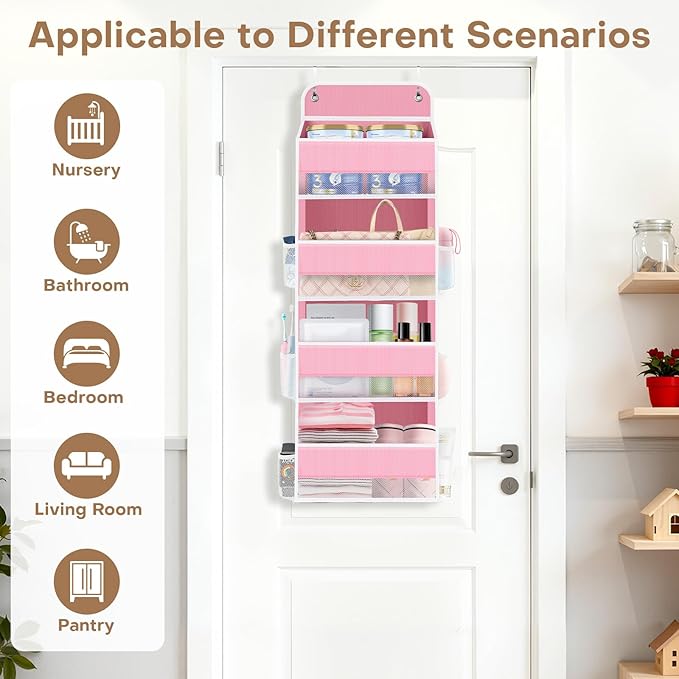 SpaceWhisper Over the Door Organizer, 4 Large Pocket Hanging Storage Organizer with 40lb Capacity, Space Saving for Nursery, Bathroom, Bedroom, Closet - Baby Essentials & Toiletry Organizer (Pink)