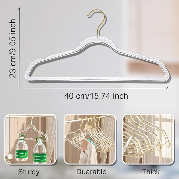 VSV stoage Clear Clothes Hangers 16", 40 Pack Plastic Coat Hanger for Adult Closet, Bling Thin Hangers with Swivel Gold Hook, Notched Shoulders Perchas - Clothing Rack for Bridesmaid Dresses