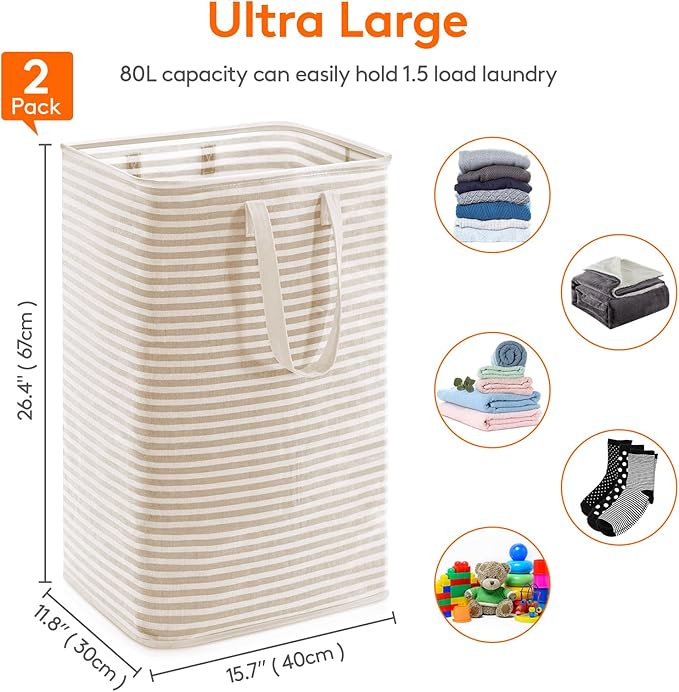 Lifewit 2 Pack Laundry Hamper Large Collapsible Laundry Baskets, Freestanding Waterproof Clothes Hamper with Easy Carry Handles in Laundry Room Bedroom Bathroom College Dorm, Beige, 2 x 80L