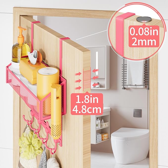 Kaiferty Over The Door Hooks Organizer, Coat Rack Over The Door Storage Hanger Towel Rack, Back of Door Storage Organizer for Bathroom,Bedroom,Kitchen,Office (Pink, 2-Tier)