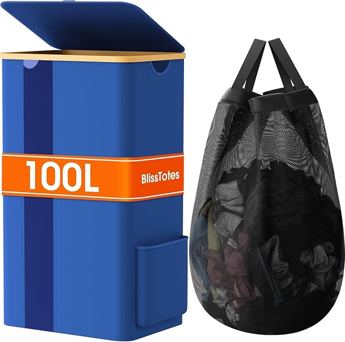 Laundry Basket Clothes Hamper with Lid and Pocket Large Collapsible Laundry Baskets with Handle, Blue Freestanding Hampers for Bedroom Aesthetic, Dorm, Bathroom, Laundry Room (100L)