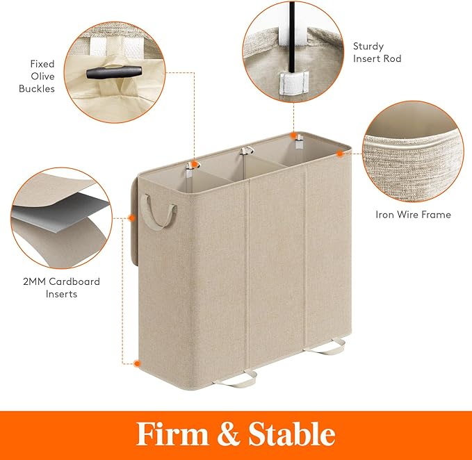 Lifewit Triple Laundry Hamper with Lid and Removable Laundry Bags, Large Collapsible 3 Dividers Dirty Clothes Basket with Handles for Bedroom Laundry Room Closet Bathroom College, 185L Beige